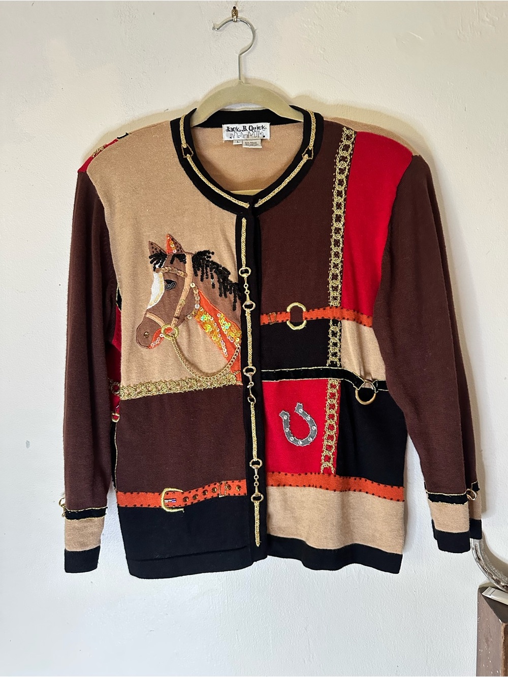 Vintage 80s 90s Jack B Quick Art to Wear Equestrian Themed Cardigan Sweater L